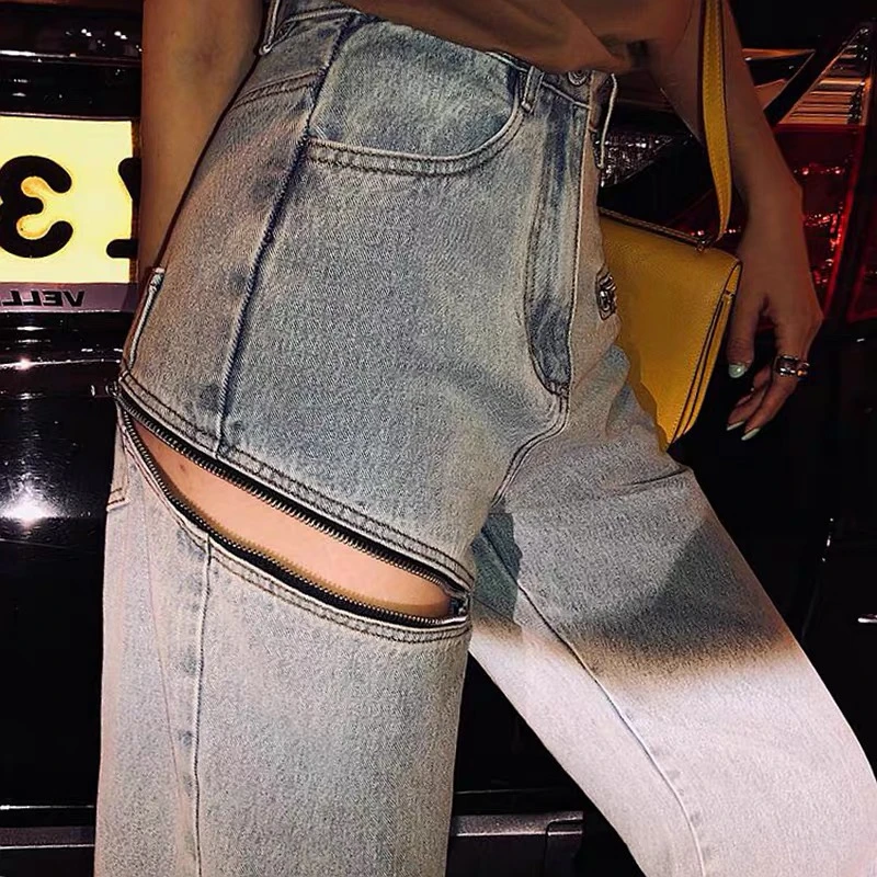 2022 New streetwear Zipper Long Jeans Women Basic Classic High Waist loose Light Blue Denim Pants Wide Leg Pants Korean KZ361