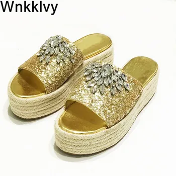 

Hemp rope Slippers summer Shoes Woman Flipflops bling bling crystal Lazy Mullers Glittery platform wedge high heel sandals