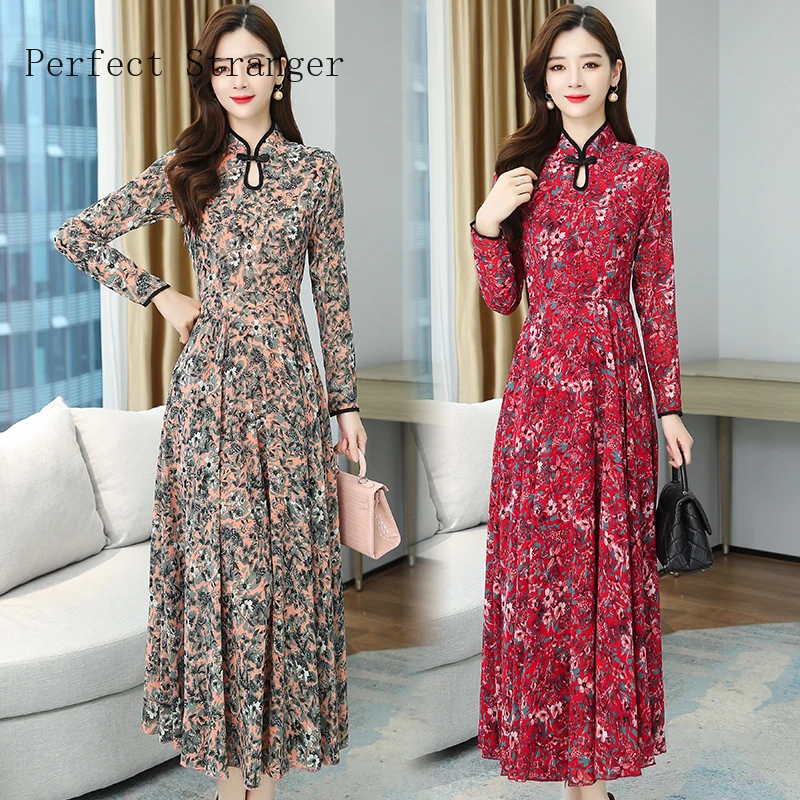 2021 Spring New Arrival Stand Collar Flower Printed Long Sleeve Plus Size M-4XL Women Long Dress High Quality