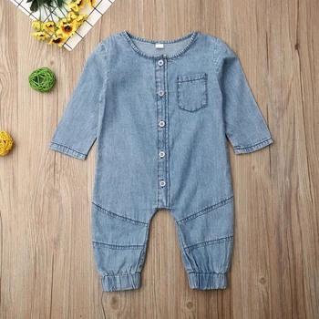 

Spring Autumn Baby Clothing Long Sleeve Romper Denim Solid Jumpsuit Pocket Outfits Newborn Kids Baby Girl Boy Clothes