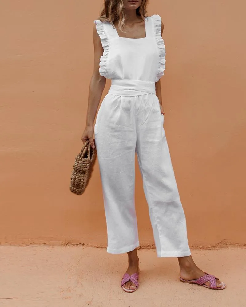 

New Women Ruffle Straight Jumpsuits Overalls Summer Loose Holiday Beach Clubwear Backless Jumpsuit Romper Trousers Woman 2019
