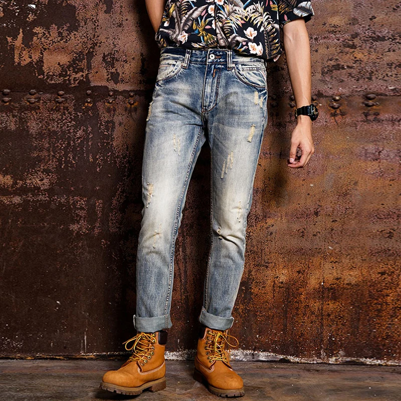 

Fashion Streetwear Men Jeans Retro Yellow Wash Destroyed Ripped Jeans Men Slim Fit Italian Style Vintage Designer Jeans Homme