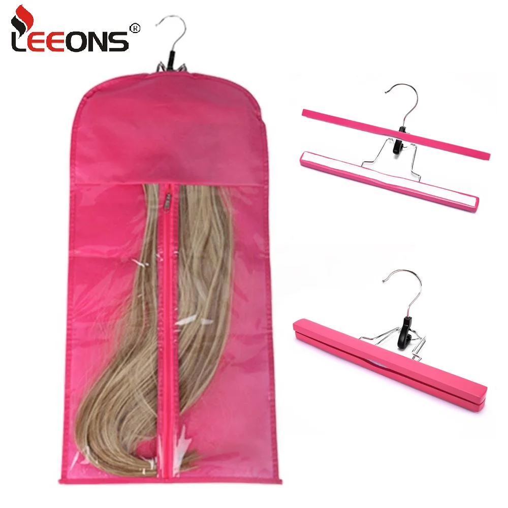 Leeons-bolsas de almacenamiento de pelucas para paquetes, bolsa de peluca negra, amarilla, rosa y púrpura con COLGADOR PARA trama de cabello virgen/Clip en bolsa de extensión de cabello