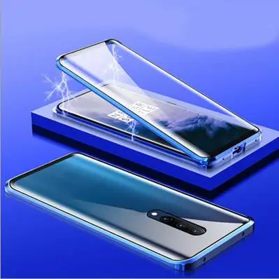 Роскошный Магнитный адсорбционный чехол для OnePlus 7 Pro с металлической рамкой, двусторонняя стеклянная крышка OnePlus7 Pro, защитный чехол для телефона в виде ракушки - Цвет: Blue