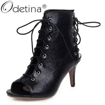 

Odetina Women Fashion Snakeskin Retro Slingbacks Summer Boots Ladies New Lace Up Peep Toe Cross-tied Spike High Heel Ankle Boots