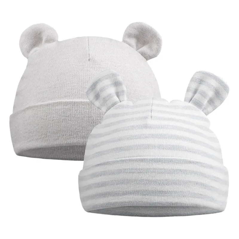 Gray Bear Set 2 Хлопковая шапочка с бантиком для новорожденных, милая шапка для маленьких девочек, Весенняя мягкая детская шапочка для больницы, одноцветная шапка в полоску для маленьких мальчиков 0-6 месяцев - Цвет: Gray Bear Set 2