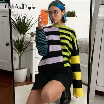 

Streetwear Striped Autumn Women's Sweaters Oversized Colorful Pullovers Crew Neck Harajuku y2k Aesthetic Tops 2020 Cuteandpsycho