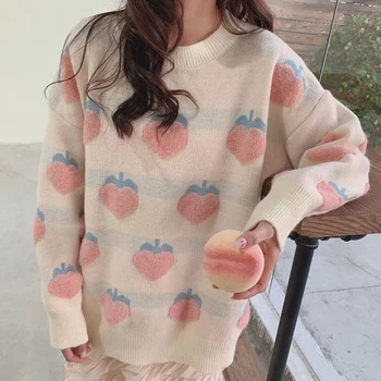 

Thick Warm Oversized Sweater Women Strawberry Jacquard Sweater New Korean Loose Autumn Winter Thicken Inside Bottoming Pullovers