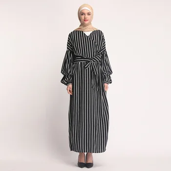 

Women Hijab Dress Muslim Puff Sleeve Lace-up Striped Maxi Dresses Islamic Clothing Elbise Moroccan Kaftan Dubai Arab Long Robe