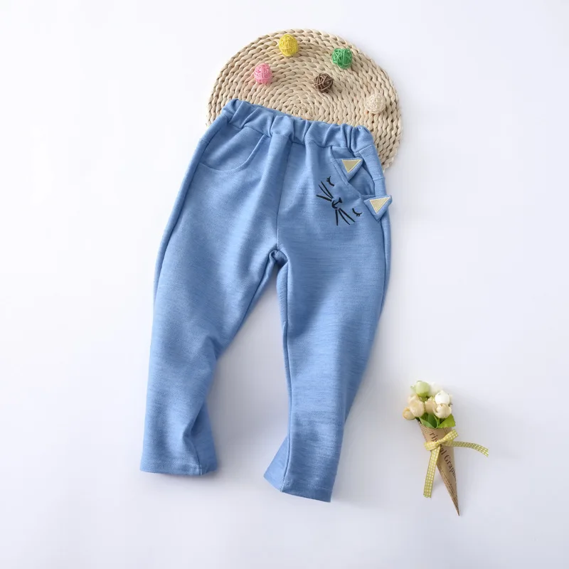 

2019 Spring And Autumn New Style Girls Cartoon Cat Embroidery Trousers Looped Pile Crawler Children Casual Trousers
