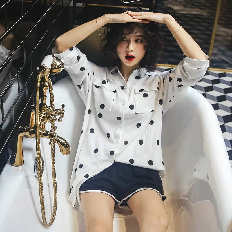 

Pajamas 2019 Spring And Summer New Style Shirt Polka Dot Korean-style Homewear Set Long Sleeve Shorts Pure Cotton Pajamas