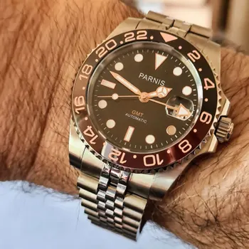 

PARNIS 40mm Black Dial Self Winding Men's Watch With Deployment Clasp Jubilee Strap GMT Model Ceramic Bezel