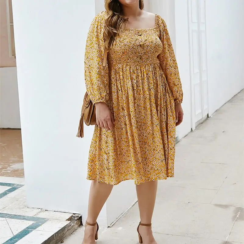 

Autumn Winter Square Neck Floral Print Dress Women Long Sleeve A-Line Knee Length Dress Empire Plus Size Party Dresses