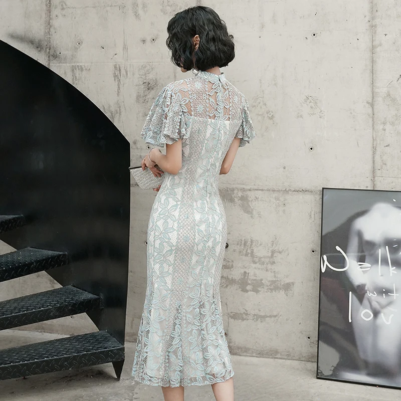Элегантное тонкое длинное платье Cheongsam с рукавом-бабочкой, изысканное женское кружевное вечернее платье Qipao, длинное платье с воротником-стойкой