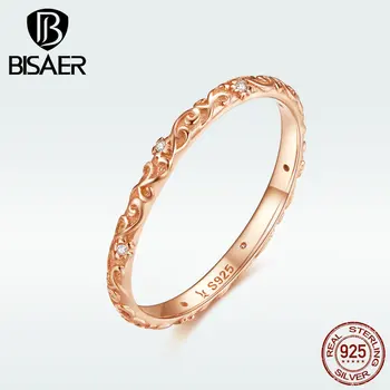 

BISAER 925 Sterling Silver Clear CZ Vintage Pattern Rose Gold Color Rings For Woman Wedding Engagement Party Daily Rings GXR514