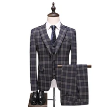 

Brand Spring and Autumn Men's Suit Set Plaid Three-piece Set Brown Gorgeous Jacket Vest Trousers Men's Business Casual Men Suit