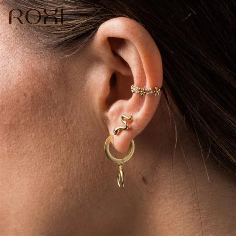 ROXI, панк, длинные серьги в виде змеи для женщин, ювелирное изделие, 925 пробы, Серебряные Серьги, Модные Преувеличенные серпантиновые серьги-гвоздики с кисточкой