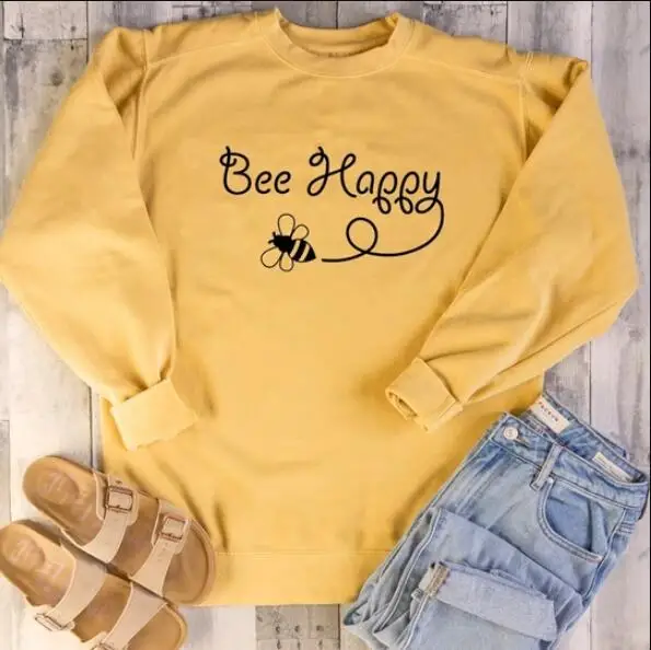 gold tee black text Пчела счастливая Толстовка Повседневная стильная Tumblr пчела Харадзюку толстовки пчела забавная хлопковая графическая Эстетическая джемпер Топы пчела счастливые наряды - Цвет: gold tee black text
