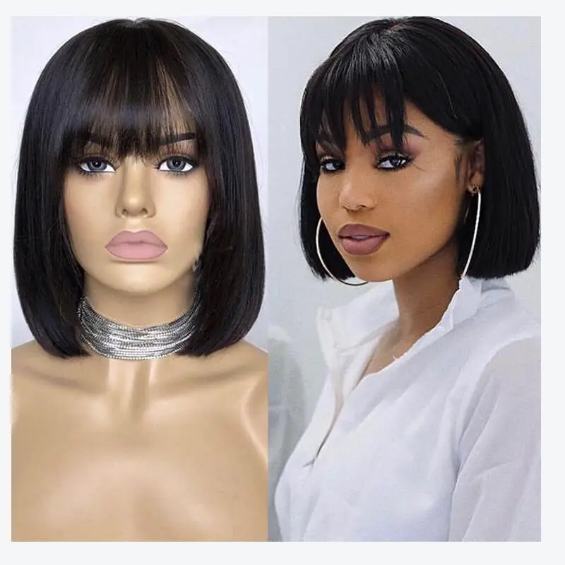 Short Bob Wig Bang Human-Hair-Wigs Lace Closure Straight-Hair Plucked Brazilian 4x4 