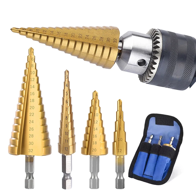 3Pcs/set 3-12mm 4-12mm 4-20mm HSS Straight Groove Step Drill Bit Titanium Coated Wood Metal Hole Cutter Core Drilling Tools Set |