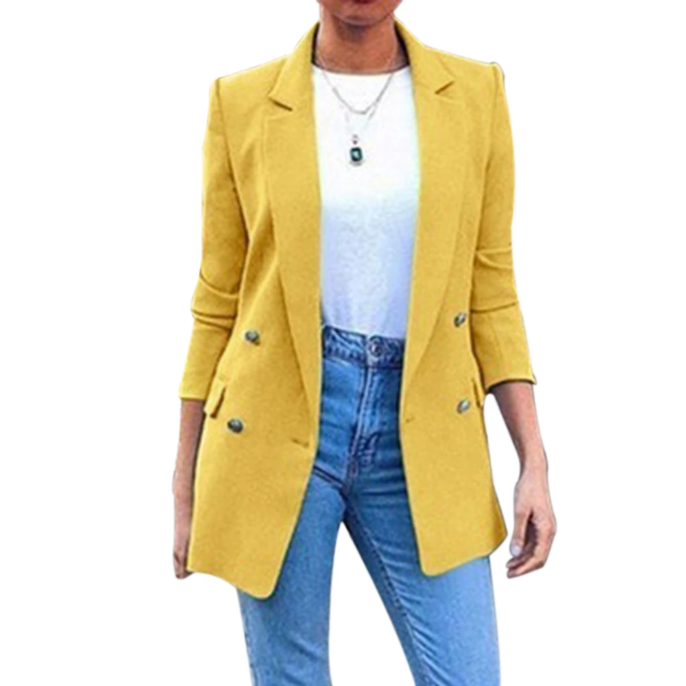 yellow WENYUJH размера плюс, Женский Длинный блейзер, куртка, женская мода, однотонный, двубортный, для офиса, блейзеры, пальто, женское, бизнес пальто - Цвет: yellow