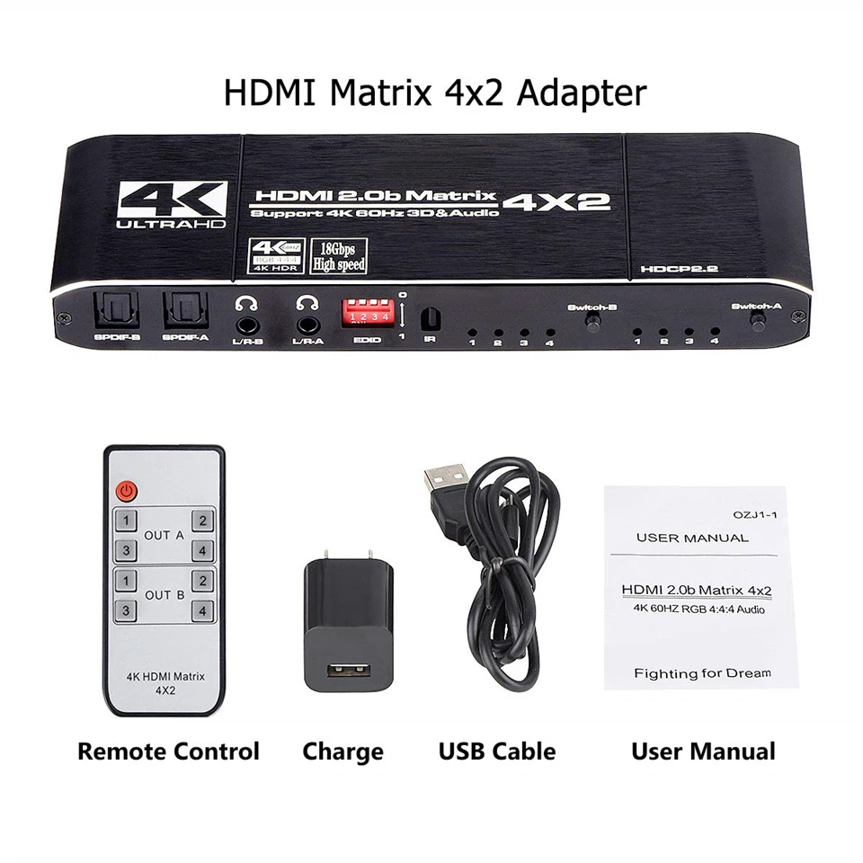 Navceker 18,5 Гбит/с HDMI матричный 4x2 4 k@ 60 Гц HDMI переключатель сплиттер с SPDIF и L/R 3,5 мм HDR HDMI коммутатор 4x2 Поддержка HDCP 2,2 3D