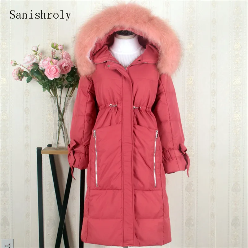 

Sanishroly Women Long Winter Coat Warm Thick White Duck Down Jacket Parka Female Big Fur Collar Hooded Outerwear Plus Size SE702