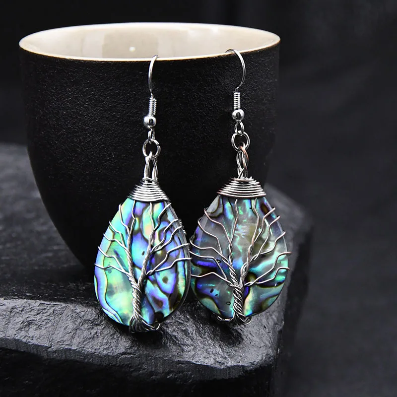 

Shine Rainbow Color Natural Abalone Shell Handmade Wire Wrapped Hook Earrings Tree Of Life Fashion Women Jewelry 5pairs