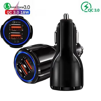 

100pcs 3.1A QC3.0 Dual USB Car Quick Charger Adapter BLUE LED light 2USB QC 3.0 Fast car Charging For iPhone Samsung huawei