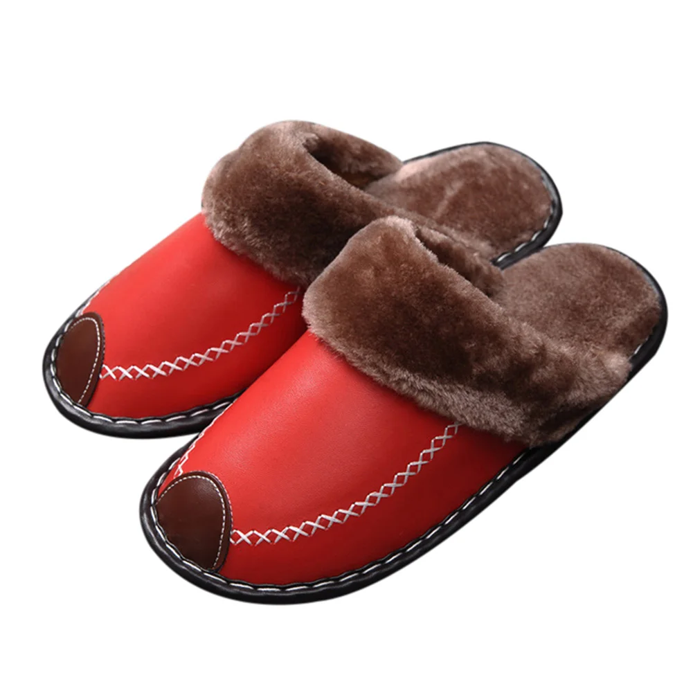 Red Women New Arrival 1 Pair Premium Orthopedic PU Leather Slipper Warm Soft Breathable for Winter Home - Цвет: Red Women