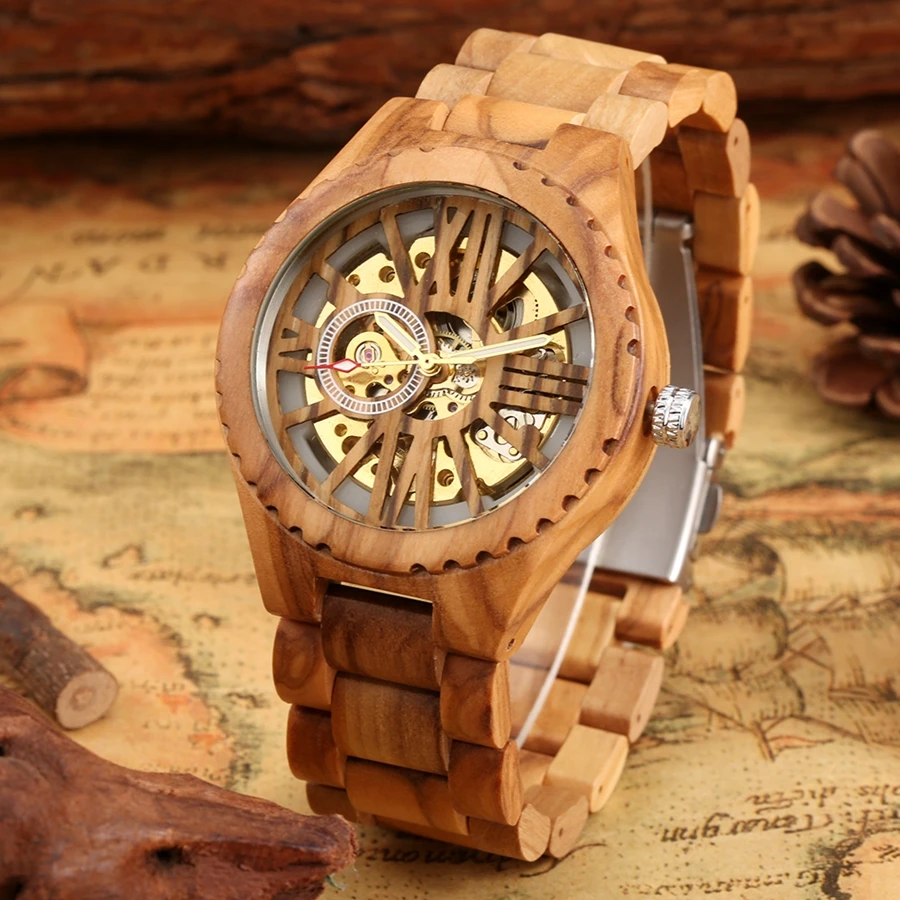 Cherry Wood Mens Watches Retro Hollow Skeleton Dial Automatic Mechanical Wood Clock Adjustable Wooden Bracelet Mens Wristwatch_voghion.com
