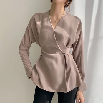 

2020 Spring Long Sleeve Shirt Women Black Tunic Waist Chalaza V-neck Blouse Korean Official Ladies Tops