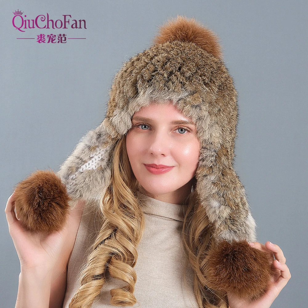 

Hand-kintted Natural Rabbit Fur Hat Thick And Warmth Long Ear Cap Double Closely Woven Hat For Women With Three Fox Fur Pom Poms