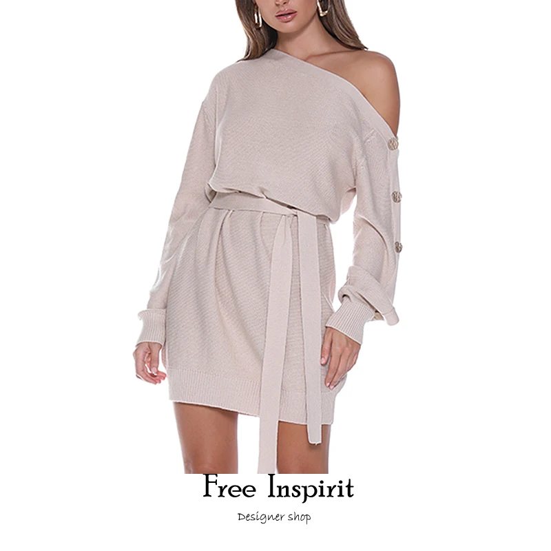 

Free Inspirit Sexy Style Button Decoration Belt Oblique Collar Above Knee Mini Acrylic Fibres Women's Dresses