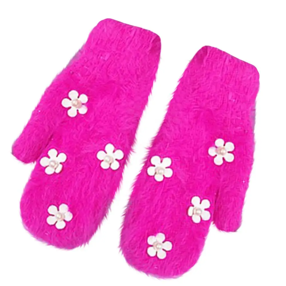 Hot Pink Зимние трикотажные перчатки женские из кроличьей шерсти персональные роскошные цветочные жемчужные украшения варежки повседневная одежда теплые женские перчатки - Цвет: Hot Pink