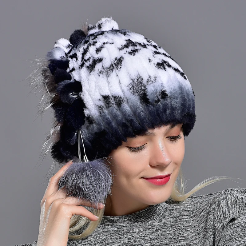natural fur hat women's winter rex rabbit fox fur pompom beanie hat furry cap fashionable fluffy genuine real fur knitted caps - Color: 004