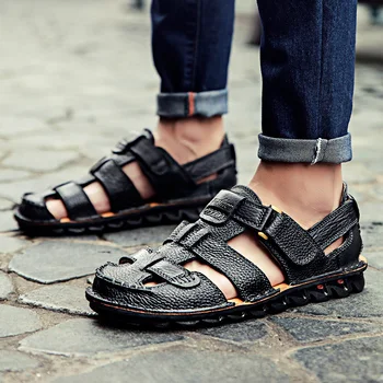 

Comfortable Handmade Sandals Men Sandals Genuine Leather Soft Summer Men's Shoes Retro Sewing Casual Beach Shoes Big Size 38-46