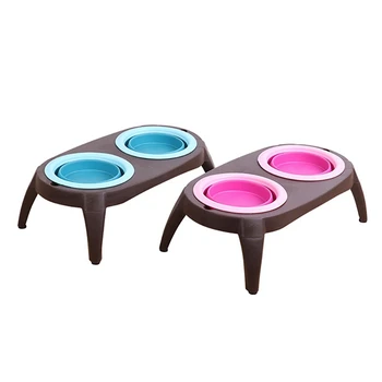 

2 Pcs Folding Double Dog Bowl With Non-Skid Silicone Mat Pet Feeder Puppy Cat Dogs Cat Feeding Bowl, Blue & Rose Red