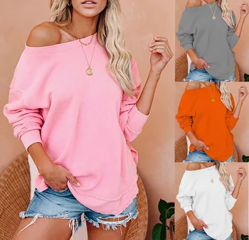 

Long Sleeve Shirt Women Oversized Women Pullover O-Neck Ruffles Loose Pullover Solid Tops Home Wear