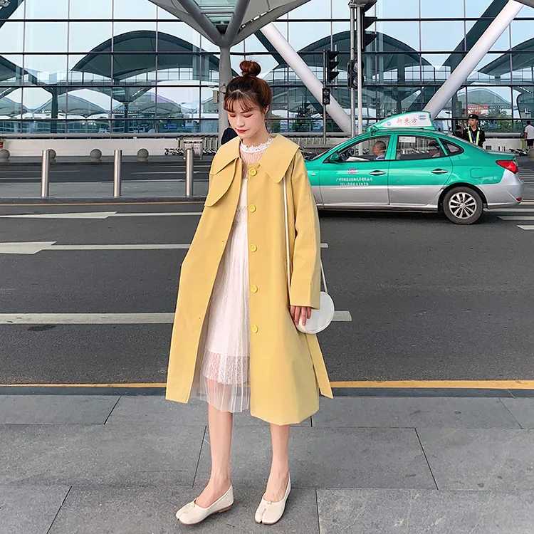 Peter Pan Collar Lace-up Waist Hugging over-the-Knee Mid-length Trench Coat