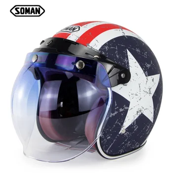 

Motorcycle 3/4 Helmet US Captain DOT Chopper Vintage Retro Half Face Helmets+Bubble Visor Cacapete casco moto For Soman SM512