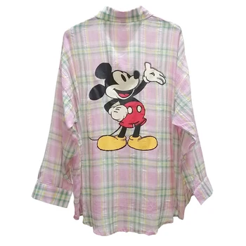 

Women's shirt South Korea Dongdaemun summer casual Mickey print pink plaid shirt loose mid-length coat blouse