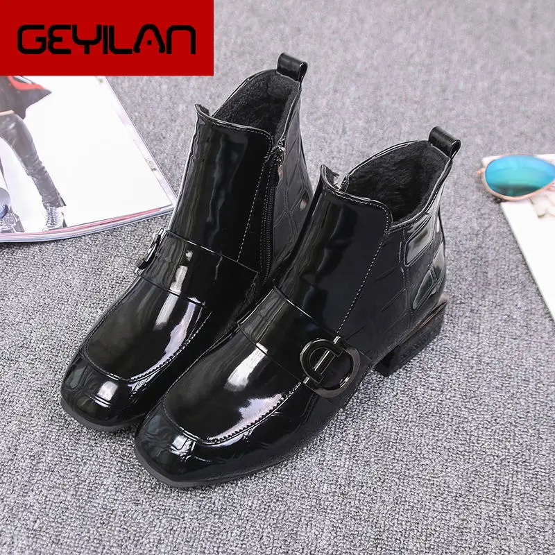 

Women Boots Shiny PU Leather Autumn Winter Shoes Woman Toe Block Heels Ankle Boots Female Botas Zapatos Mujer Y759