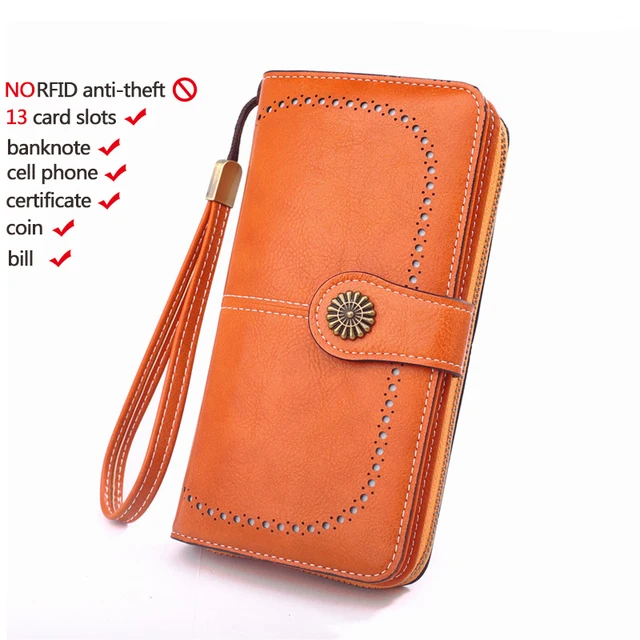 High Quality Women Wallet RFID Anti-theft Leather Wallets For Woman Long Zipper Large Ladies Clutch Bag Female Purse Card Holder w006-orange