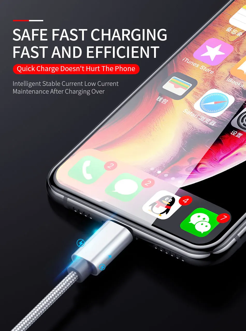 ROCK металлический USB кабель для iPhone 8, 7, 6, 6 S X, сплав, нейлоновая оплетка, быстрый usb кабель для зарядки iPhone X, 10, SE, 5, 5S, зарядное устройство для iPhone