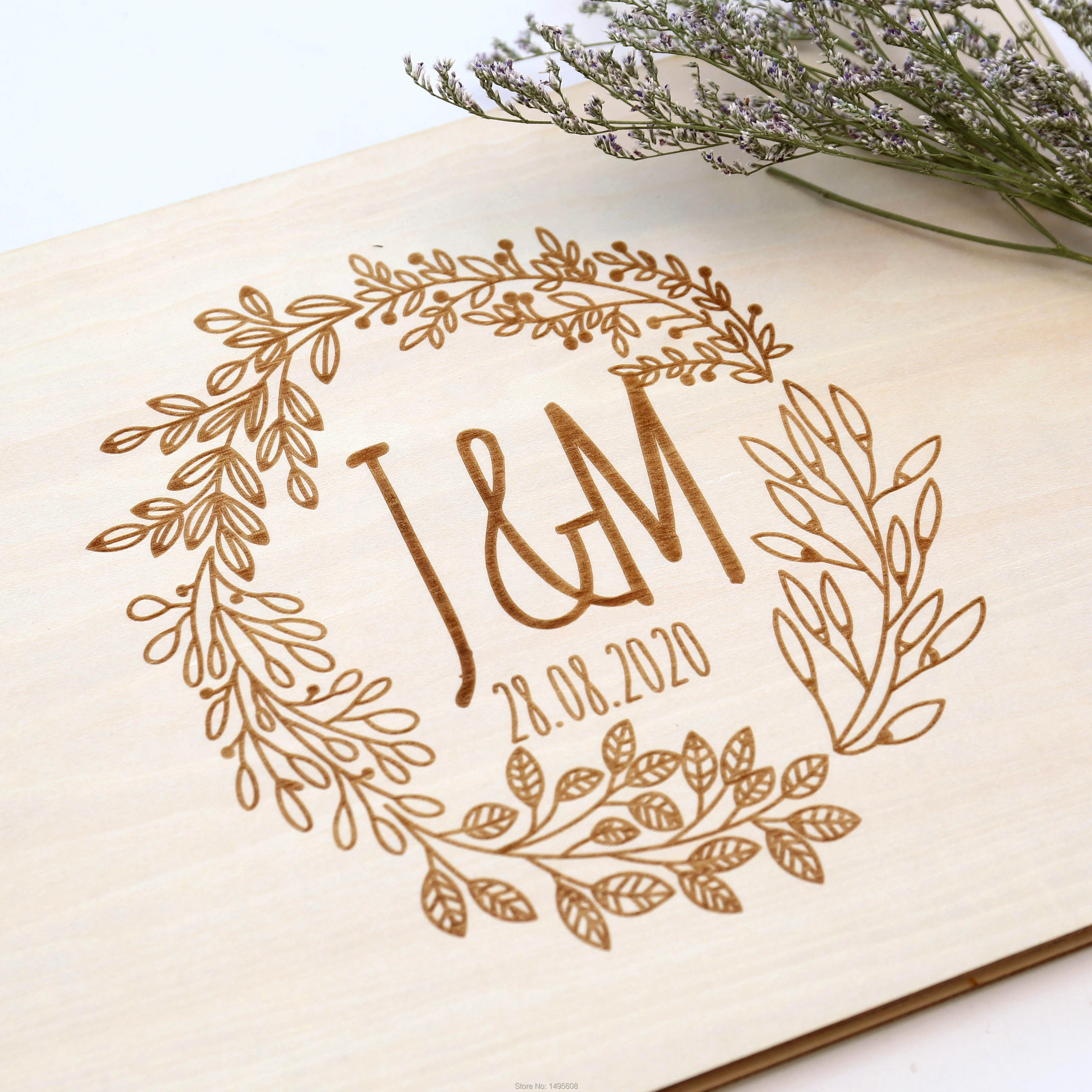 Personalized GuestBook wreath, garden wedding Engraved Wooden Guest Book, floral wedding decor