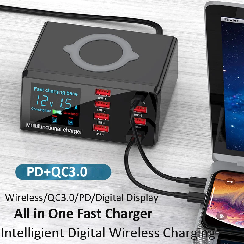 100 Вт 8 портов USB зарядное устройство Быстрая зарядка QC3.0 адаптер Беспроводное