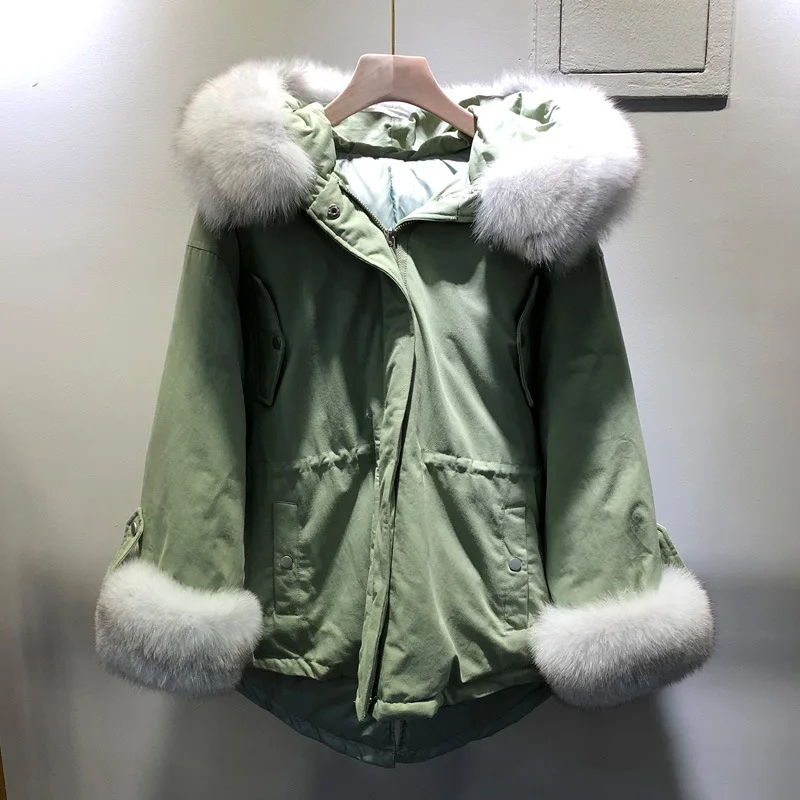 Green Schinteon/большой пуховик с воротником из натурального Лисьего меха; зимняя теплая верхняя одежда с капюшоном; корейский стиль; Свободное пальто; Модные Карманы; Новинка - Цвет: Green