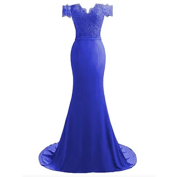 

BGW Mermaid Formal Evening Dresses Short Sleeves Sweep Train Soft Satin Off Shoulder Вечернее Платье 2020