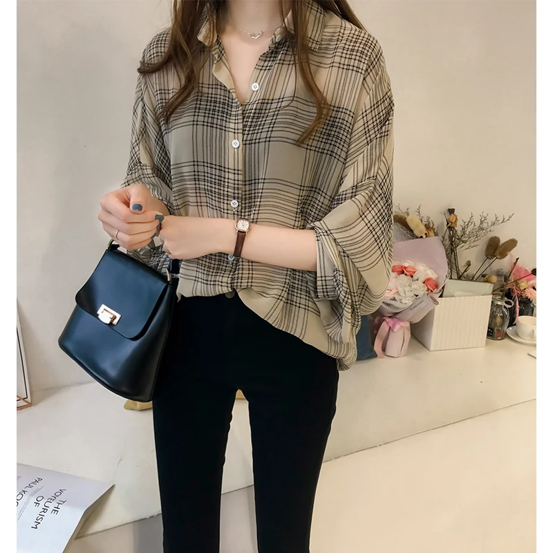 

Women Office Lady Blouses 2020 Spring Autumn Plaid Loose Long Sleeve Single-breasted Cardigan Shirts Tops Female Plus Size 4XL